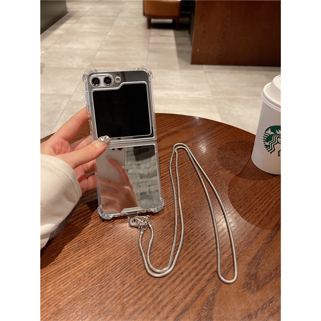 SAMSUNG หรูหราCrossbodyกระจกสร้อยคอเงินยาวแหวนสําหรับSamsung Galaxy Z Flip 7 FE Z Flip6 Flip7 ZFlip 5 Zflip6 Zflip4 กันกระแทกปกหลัง