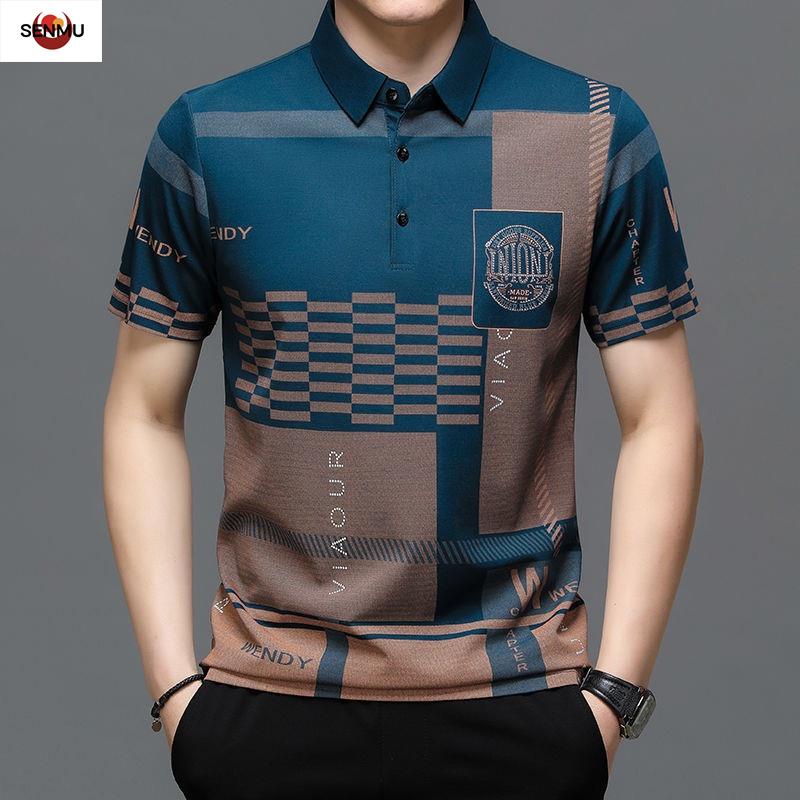 (SM) เสื้อโปโลแขนสั้น พิมพ์ลาย สไตล์เกาหลี แฟชั่นสําหรับผู้ชายวัยกลางคน และผู้สูงอายุ