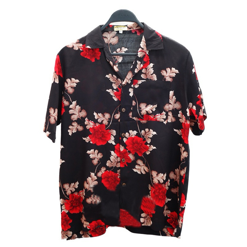 เสื้อเชิ้ตเทศกาลสงกรานต์ไทย เสื้อฮาวาย ลายดำดอกแดง ผ้า Rayon 2025 ใหม่ เสื้อฮาวายดอกไม้สีแดง นุ่มสบาย ลําลอง ระบายอากาศได้ดี เหมาะกับการสะดุดกับ บุญ