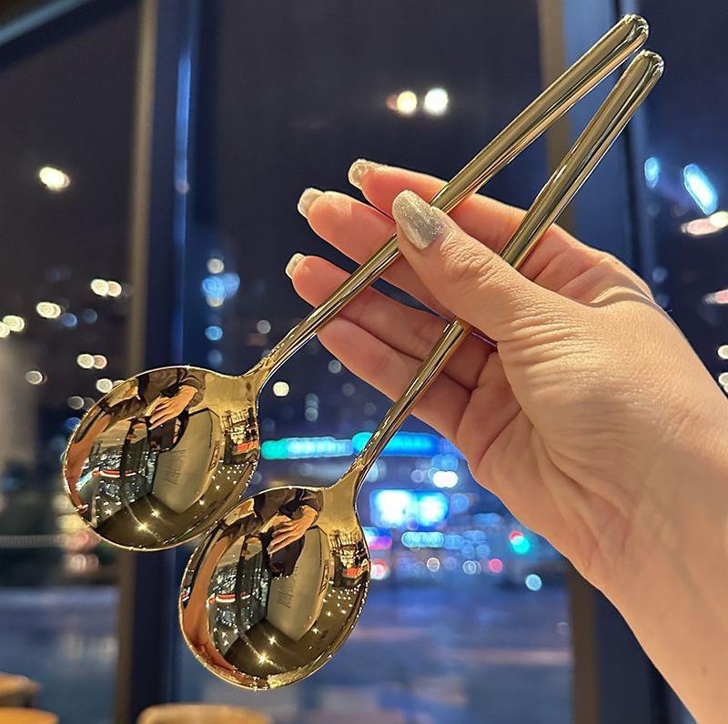 ช้อนสเตนเลส 410 หัวกลม ขนาดใหญ่ ช้อนสไตล์เกาหลี โรงแรม ร้านอาหาร ช้อนด้ามยาว ของใช้ในครัวเรือน ช้อนบนโต๊ะอาหาร