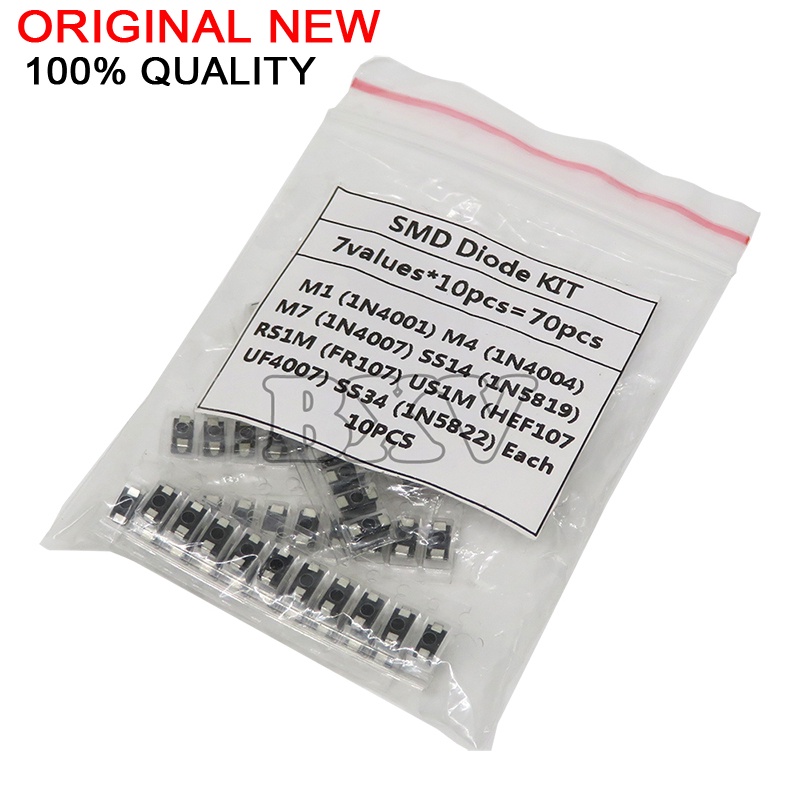 ชุดไดโอด SMD M1 (1N4001) M4 (1N4004) M7 (1N4007) SS14 US1M RS1M SS34 7 ชนิด * 10 ชิ้น = 70 ชิ้น / ล็อต