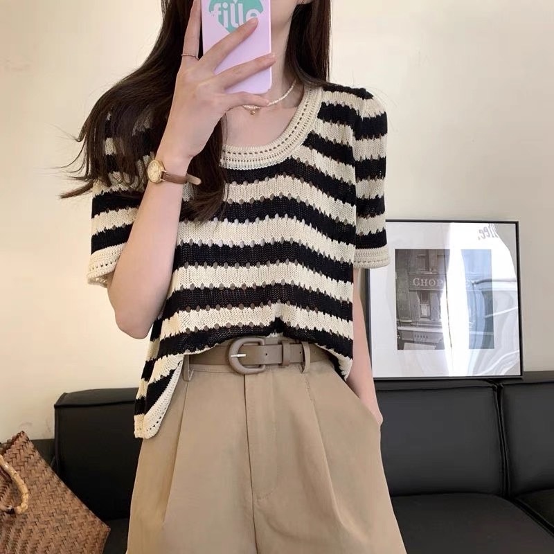 เสื้อตาข่าย เสื้อถักไหมพรม แขนสั้น เสื้อถักแฟชั่นสตรี ลายทางกว้าง สำหรับเทศกาลสงกรานต์ ใส่สบาย ราคา ถูกที่สุด ดีลบีเคเค แกลเลอรีภาพที่ 4