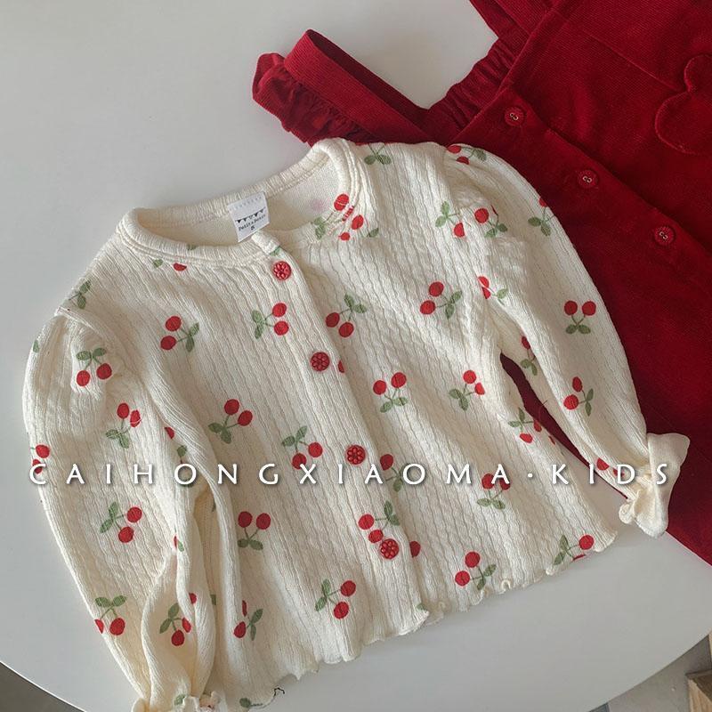 เสื้อแจ็กเก็ตแขนพัฟ ลายเชอร์รี่น่ารัก แบบบาง แฟชั่นฤดูใบไม้ร่วง สําหรับเด็กผู้หญิง