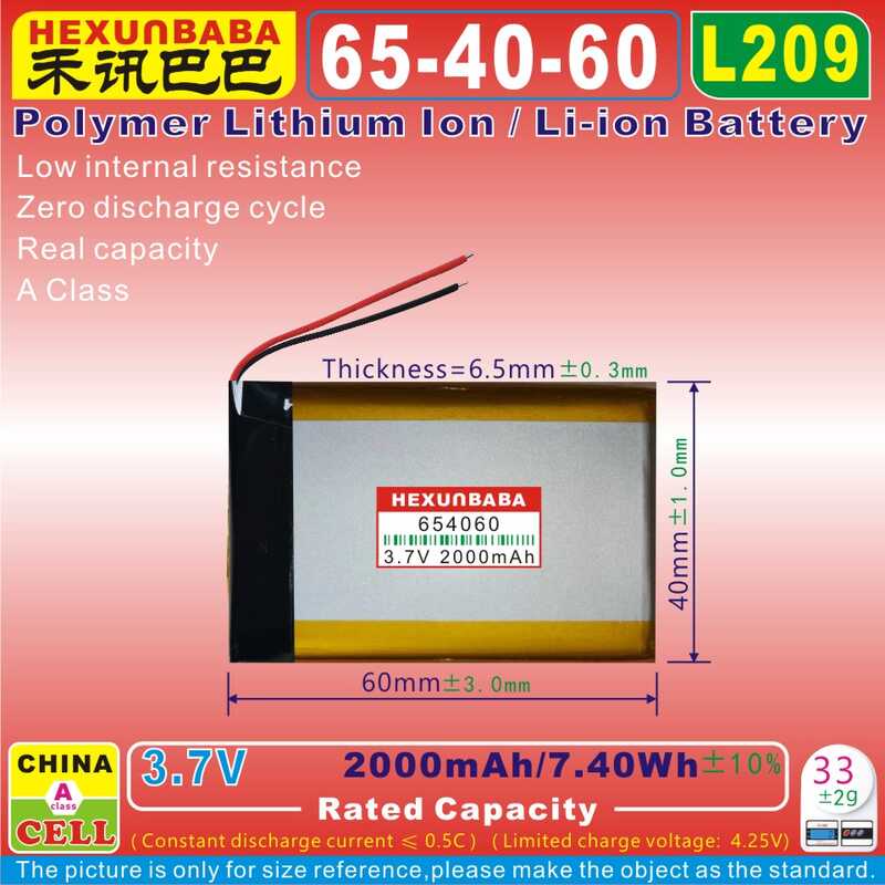 2 ชิ้น [L209] 3.7V 2000Mah 7.4Wh 654060 พอลิเมอร์ Li-Ion แบตเตอรี่ Para Sa Mp3; หูฟัง,