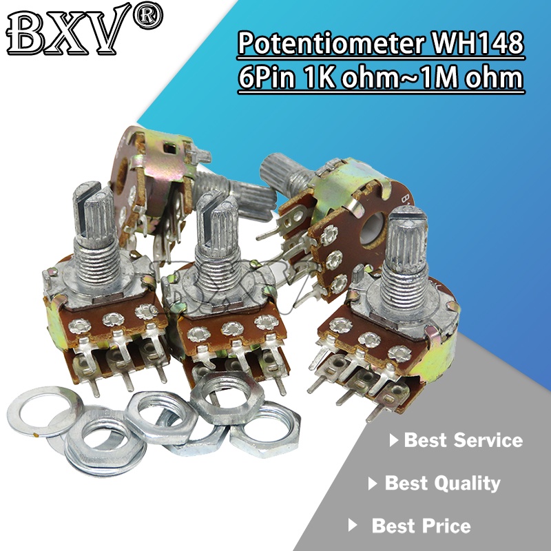 5PCS WH148 B1K B2K B5K B10K B20K B50K B100K B500K 6PIN Shaft Amplifier Dual Stereo Potentiometer 1K 