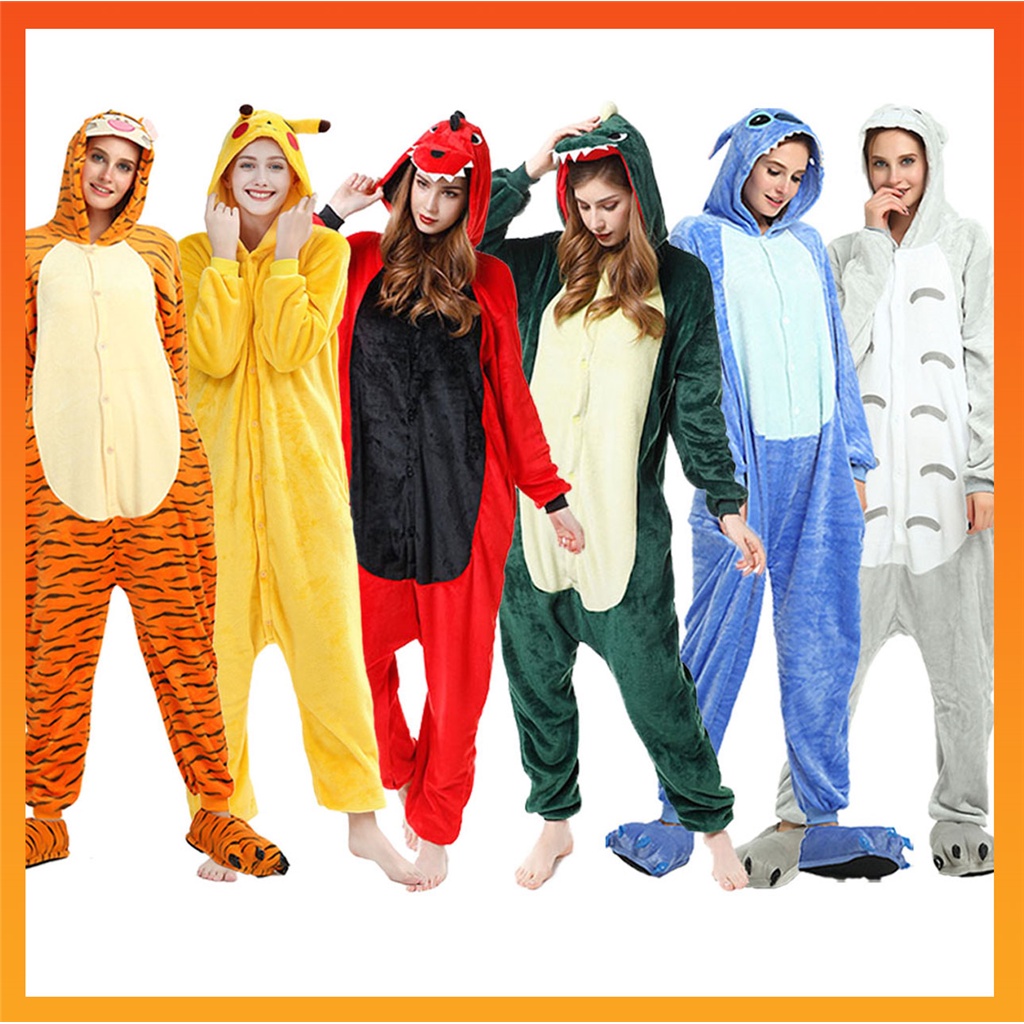 Kigurumi Stitch Pikachu Tiger ไดโนเสาร์ ชุดนอนการ์ตูน จั๊มสูท ผู้หญิง ผู้ชาย ชุดนอนมีฮู้ด ชุดนอนเด็ก เครื่องแต่งกายคอสเพลย์สัตว์