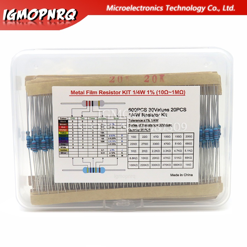 ชุดตัวต้านทานฟิล์มโลหะ 1% 1/4 W 30Values* 20 ชิ้น (10 โอห์ม~1 ม. โอห์ม) diy