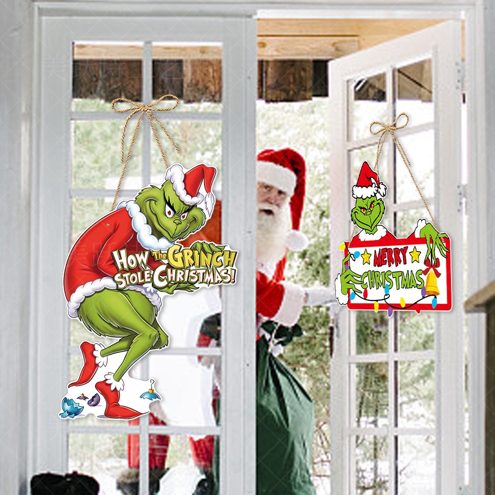 [ขายร้อน] ตกแต่งคริสต์มาส Grinch ตกแต่งแขวนประตูสีเขียวขน Grinch แขวนประตู