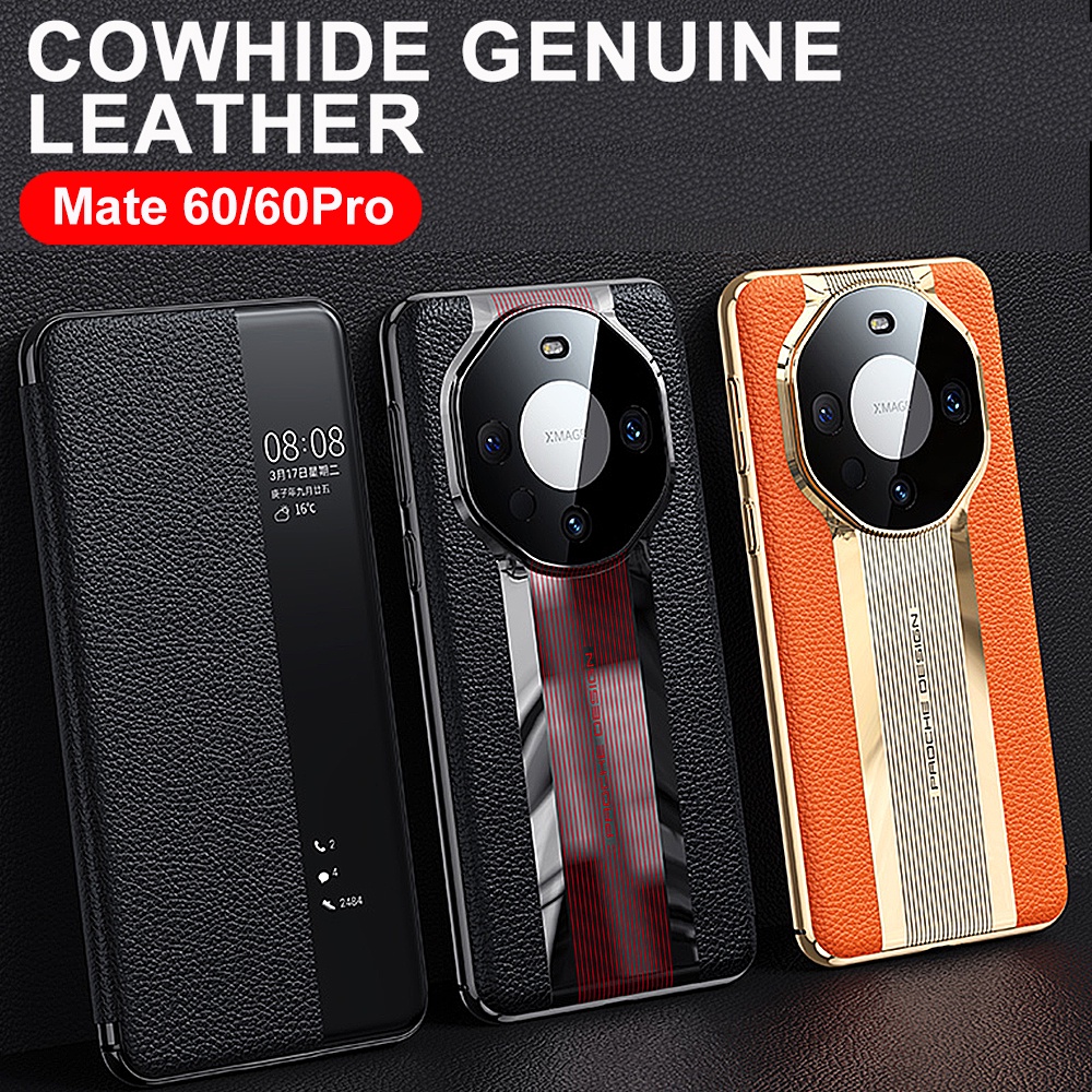 PORSCHE เคสโทรศัพท์มือถือหนังวัวแท้ 100% ฝาพับอัจฉริยะ หรูหรา สําหรับ Huawei Mate 60 Pro Mate60 Pro+