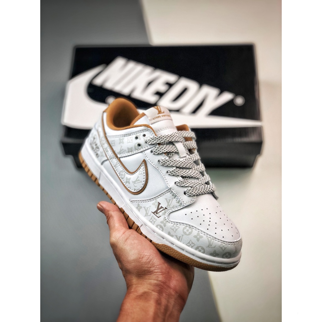 LV x Nike SB Dunk Low White Brown LV Monogram Dunk Series Skateboard Shoes