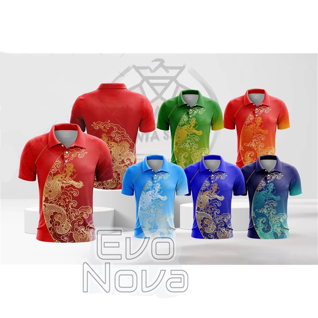EvoNova 2024 เสื้อโปโล ลายมังกรทองมงคลปีใหม่ - มีองค์ประกอบของมังกร (สต็อกในสต็อก) ； เหมาะสำหรับสุภาพบุรุษและสุภาพสตรี (6 สีให้เลือก)