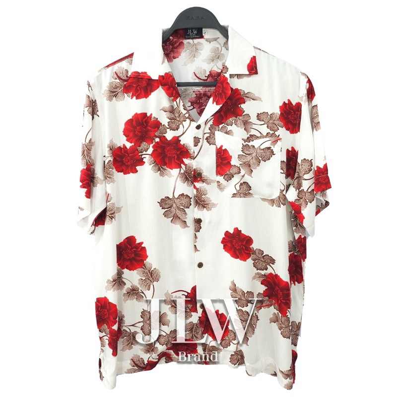 เสื้อฮาวาย ลายขาวดอกแดง ตรุษจีน ผ้านิ่มใส่สบาย