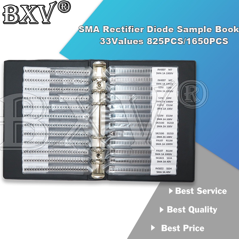 825PCS 1650PCS 33 ค่า SMA Rectifier ไดโอดตัวอย่างหนังสือ SF18 1N5824 1N4007 SS220 RS1G SS24 RS1M ES1