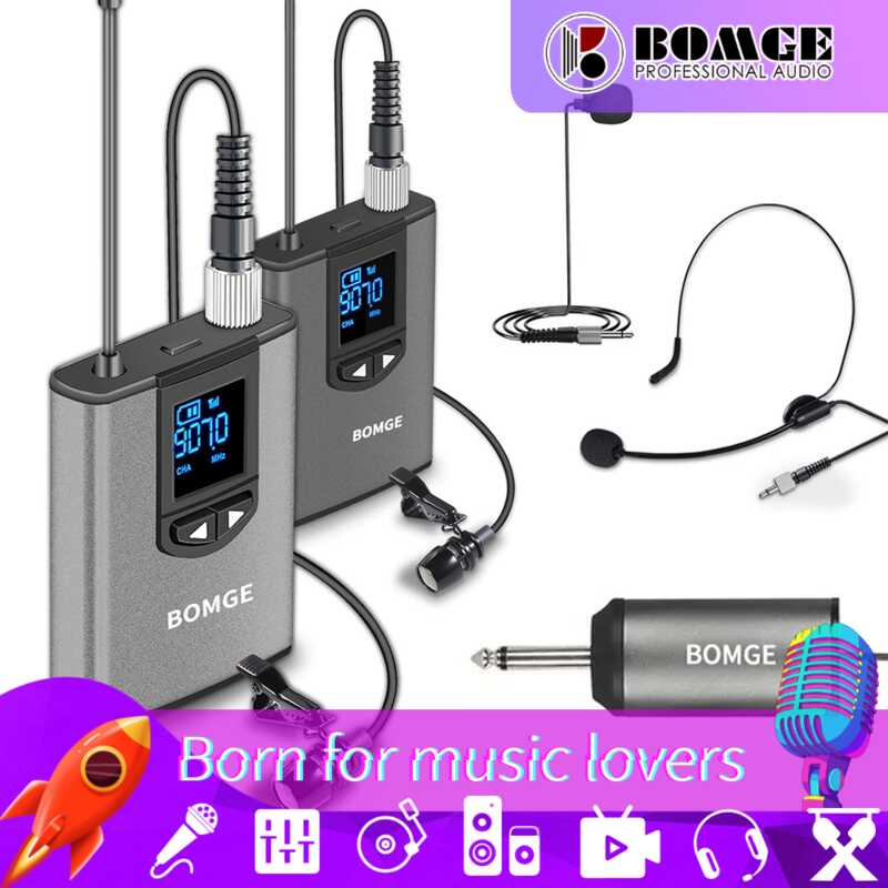 BOMGE Dual Wireless Microphone System Headset Mic/Stand Mic/Lavalier Lapel Mic With Rechargeable Bo