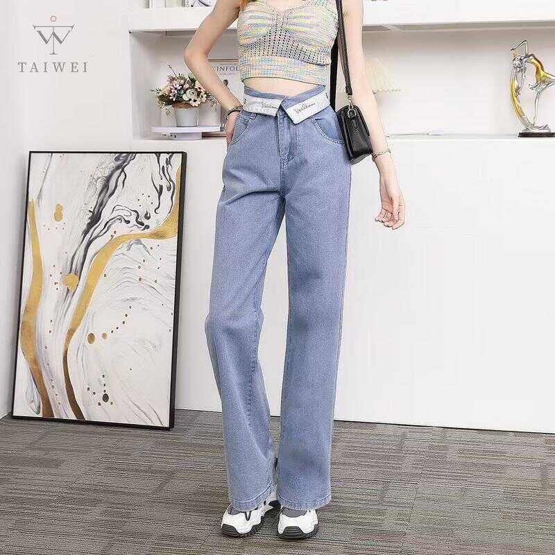 TAIWEI #8001 กางเกงเอวพับ กางเกงยีนส์เอวพับ ทรงกระบอก สีฟอกแต่งเฟด ท