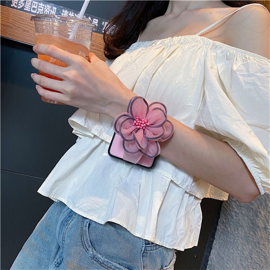 เกาหลีหรูหราน่ารักสดผ้ากอซดอกไม้ Wrsit สําหรับ OPPO Find N2 Flip findn2 Flip Find N3 Flip N3Flip Cover พร้อมผู้ถือ