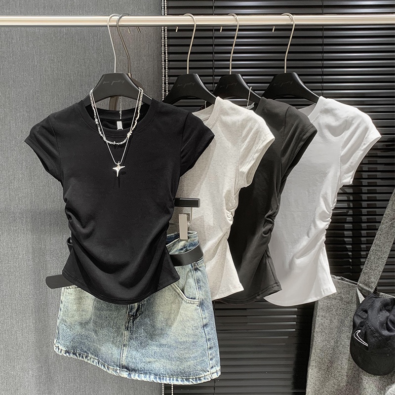 67757 เสื้อยืดแขนสั้น สีพื้น เข้ารูป แฟชั่นฤดูร้อน