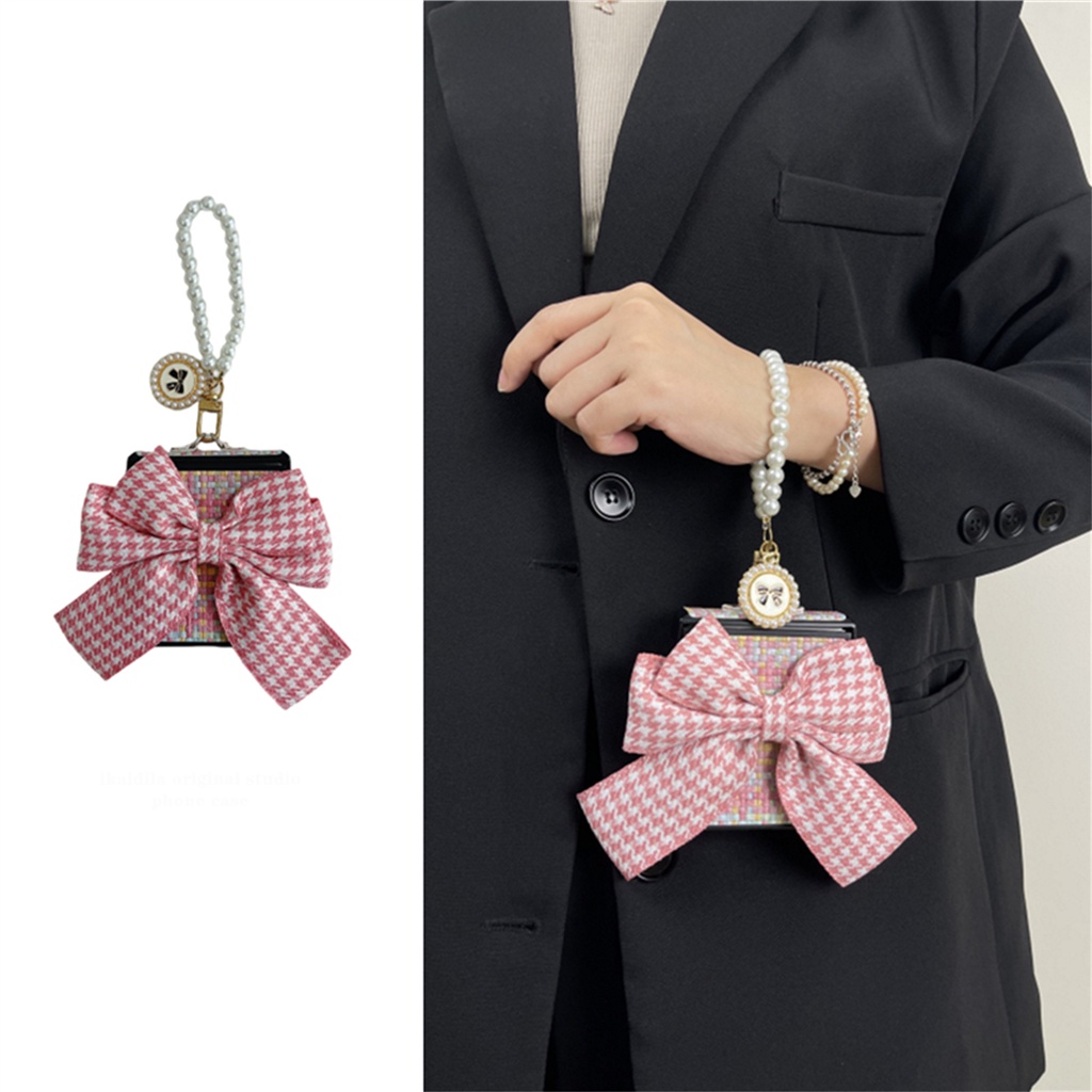 น่ารักเกาหลี 3D Houndstooth โบว์ทอรูปแบบสร้อยข้อมือมุกสําหรับ Galaxy Z Flip 4 5 Flip5 zflip6 Z Flip4 Flip4 Zflip3 Flip5 ฝาครอบ