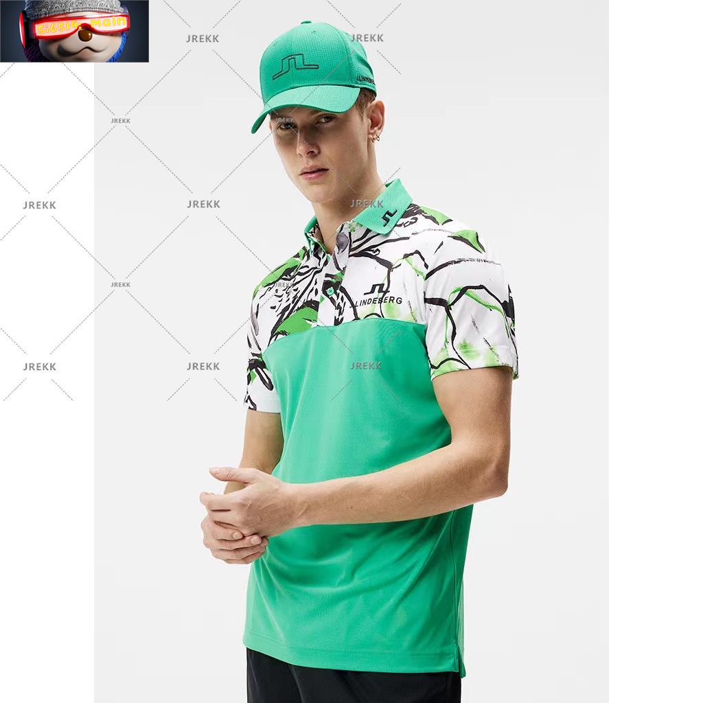 เจ Lindeberg JINLINDEBERG ฤดูร้อนใหม่ พิมพ์ลายกอล์ฟ Colorblock กีฬาโปโลแขนสั้นเสื้อยืดสําหรับผู้ชาย