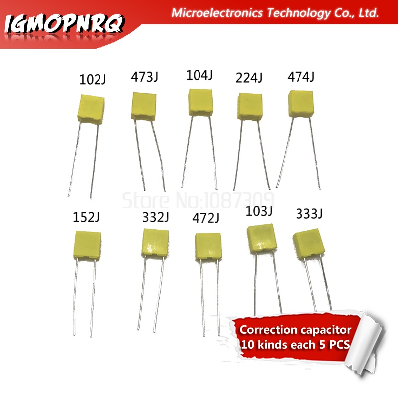 ชุดตัวเก็บประจุแก้ไข 100V 102J 152J 332J 472J 103J 333J 473J 104J 224J 474J 50 ชิ้น =10 ชนิด 5 ชิ้น