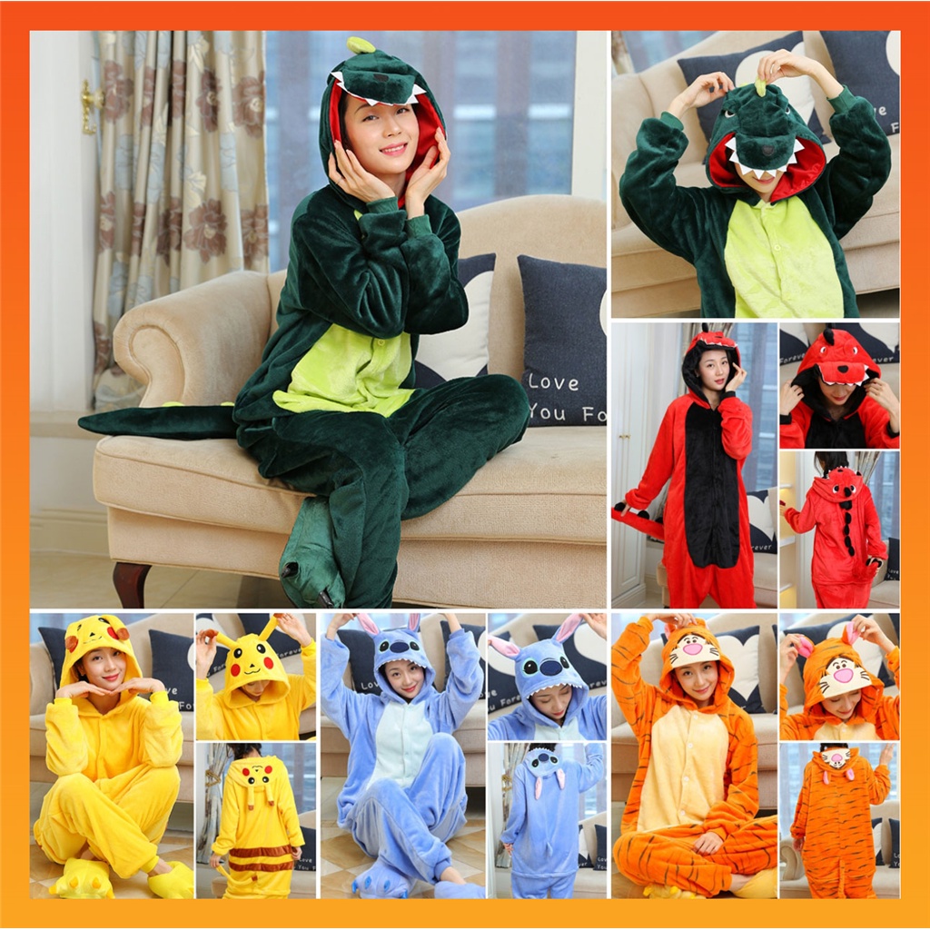 สัตว์ Kigurumi อะนิเมะ คอสเพลย์ เครื่องแต่งกาย ไดโนเสาร์น่ารัก Pikachu Stitch Tiger การ์ตูน Onesies ผู้หญิง ผู้ชาย ชุดนอน สําหรับผู้ใหญ่