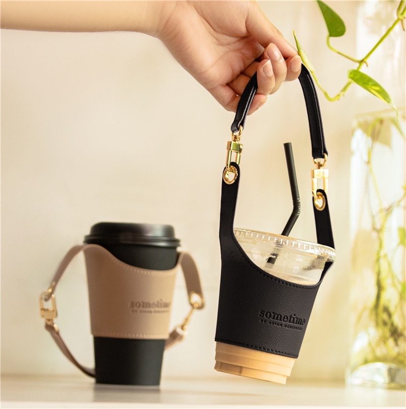 กระเป๋าถือ หนัง PU แบบแขวน ถอดออกได้ เป็นมิตรกับสิ่งแวดล้อม สําหรับใส่แก้วกาแฟ ชานม