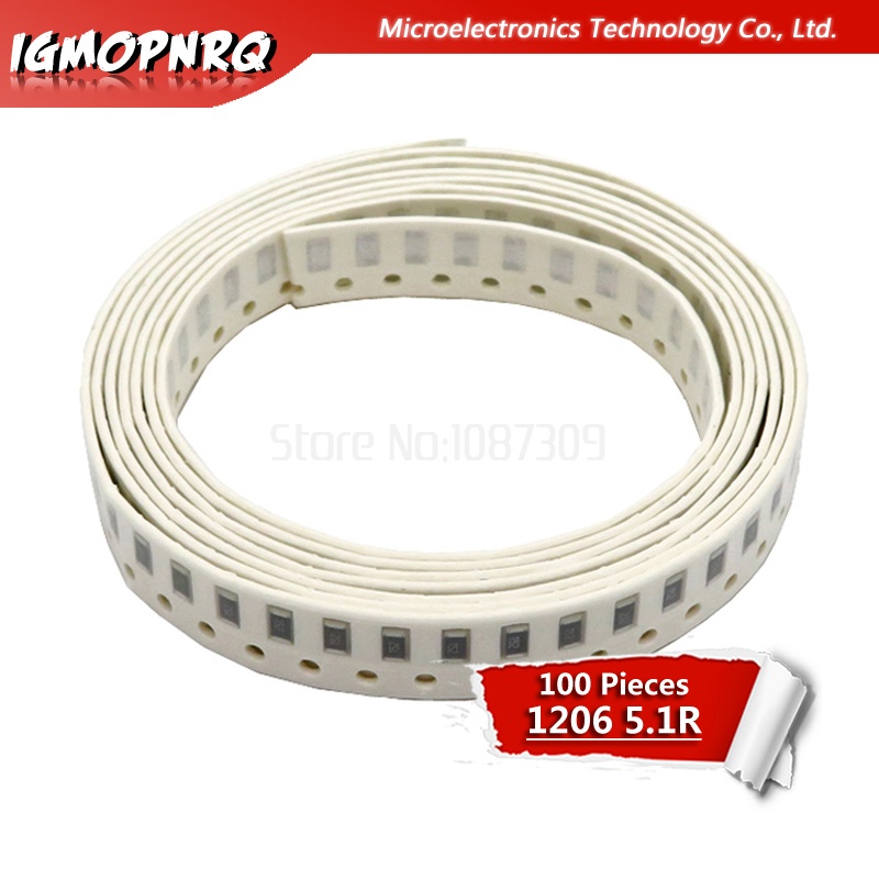 ชิปตัวต้านทาน 1206 SMD 5% 5.1 โอห์ม 0.25W 1/4W 5R1 5.1R 100 ชิ้น
