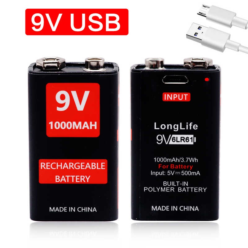 1000Mah ไมโคร USB โวลต์ลิเธียมไอออนแบบชาร์จไฟได้ 6F22 9 โวลต์ RC Li-Ion แบตเตอรี่