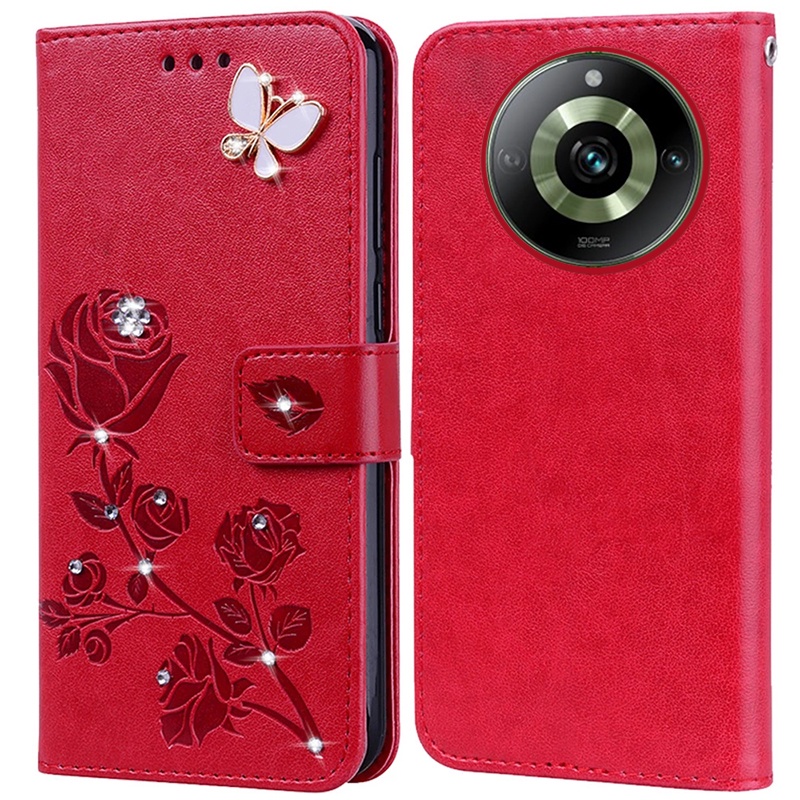 เคสโทรศัพท์มือถือหนัง ซิลิโคน ลายดอกกุหลาบ ลายนูน ประดับเพชร สําหรับ Realme 11 Pro Plus 5G 11 Pro+