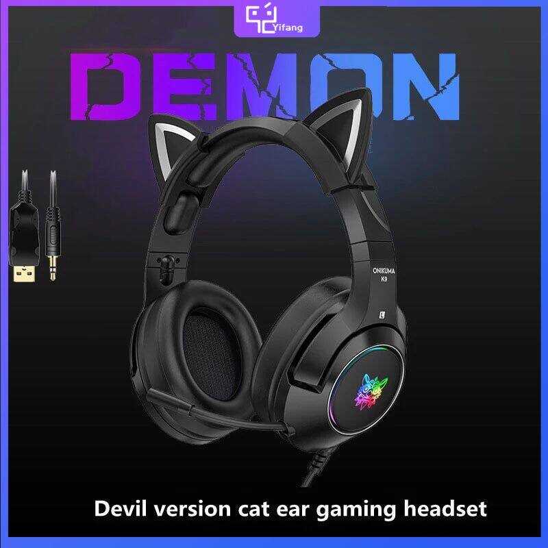 Yifang ONIKUMA K9สีดำ RGB Luminous หูฟังเกมที่ถอดออกได้ Cat หูฟังบล