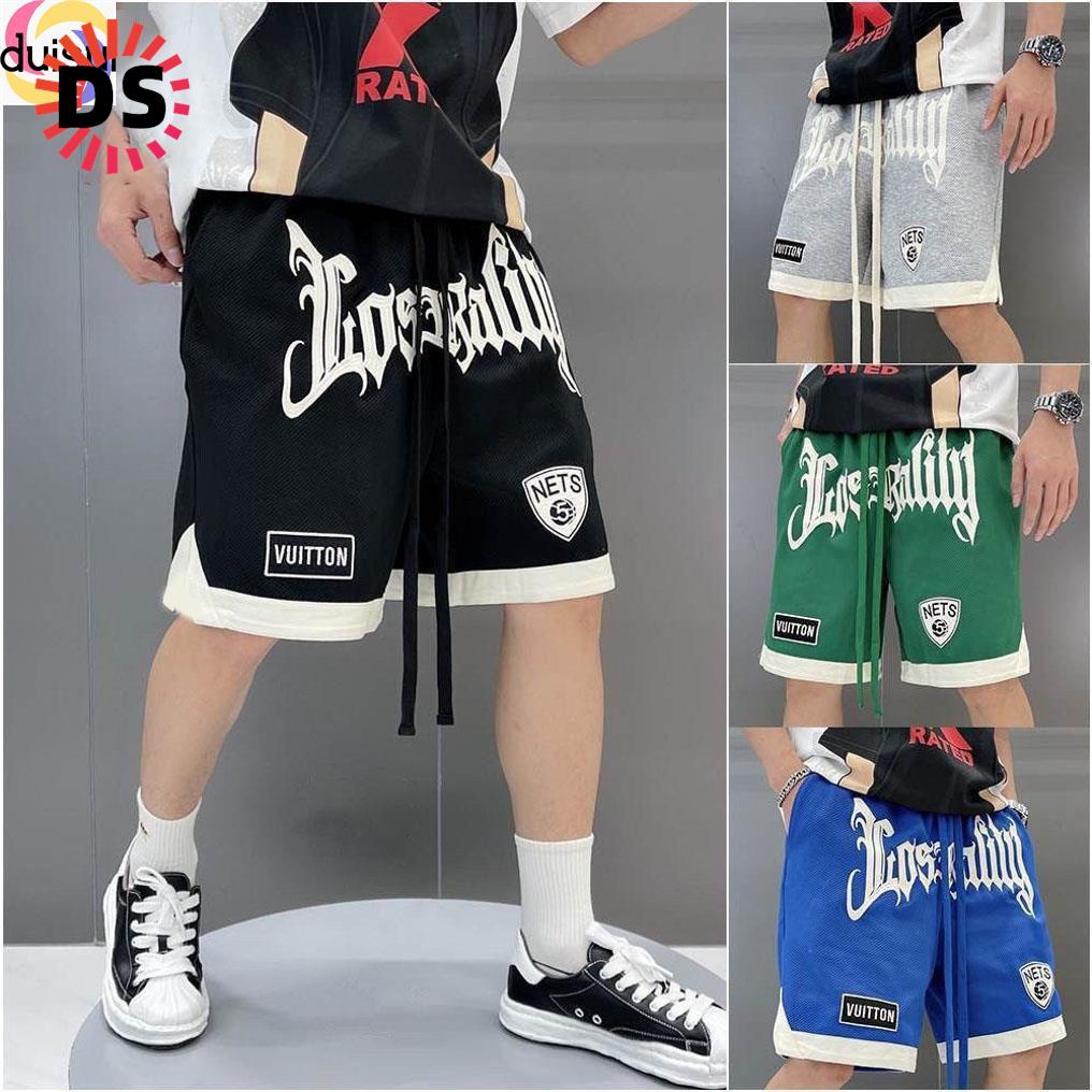 【duisui2】กางเกงขาสั้นฤดูร้อนผู้ชาย, กางเกงขาสั้นลําลองเนื้อสิ่งทอลายทแยงสําหรับเยาวชน, กางเกงขาสั้นกีฬาปักลายตัวอักษรหลวม ๆ