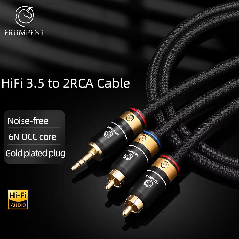 HiFi 6N OCC 3.5 มม.ถึง 2 สายสัญญาณเสียง RCA ปลั๊กชุบทอง 3.5 มม.แจ็คสเตอริโอ Subwoofe Splitter 2RCA ชายสายสําหรับโทรศัพท์ Amplier