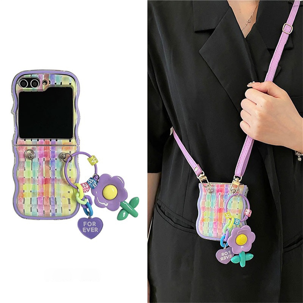 SAMSUNG เกาหลีน่ารักCrossbody Lanyard LatticeสําหรับSamsung Galaxy Z Flip 7 Z Flip5 Flip 6 Flip6 Zflip5 Z Flip7 ฝาครอบสายหนังจี้ดอกไม้