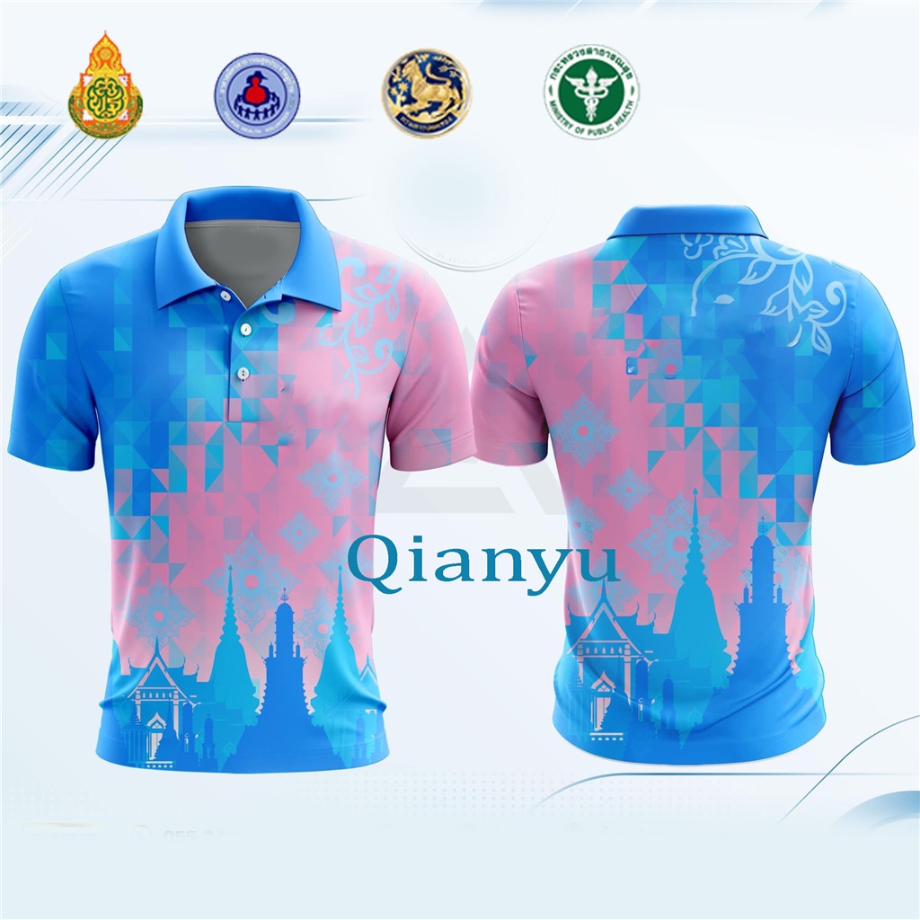 Totem ดอกไม้สีฟ้าสีชมพู เสื้อคอโปโลใส่สบาย สื้อโปโล (ชิคโค่) ทรงผู้หญิง ทรงผู้ชาย รุ่น ลายขอ