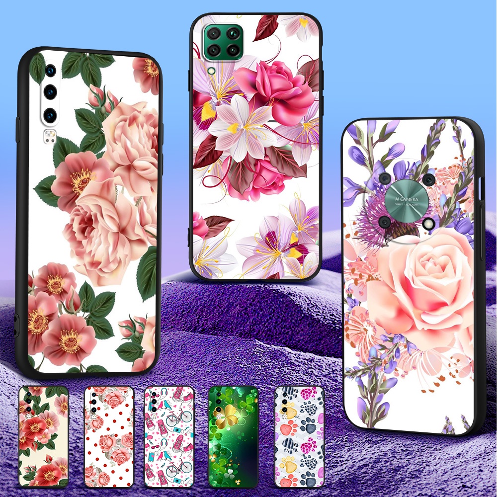 เคสโทรศัพท์มือถือ ซิลิโคนนิ่ม Tpu ลายดอกไม้ สีดํา สําหรับ Huawei P40 Lite 5G 4G E P smart 2020 NOVA 6SE 7SE