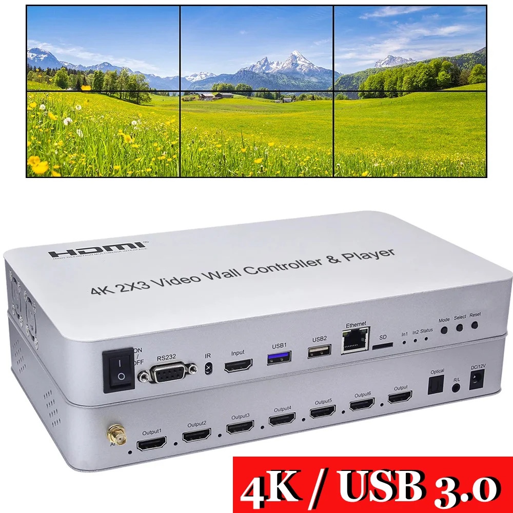 4k 2x3 HDMI Video Wall Controller USB Flash Disk Player 6 Channel TV Wall Processor 2x2 1x3 1x4 Multi Screen Splicing Processor