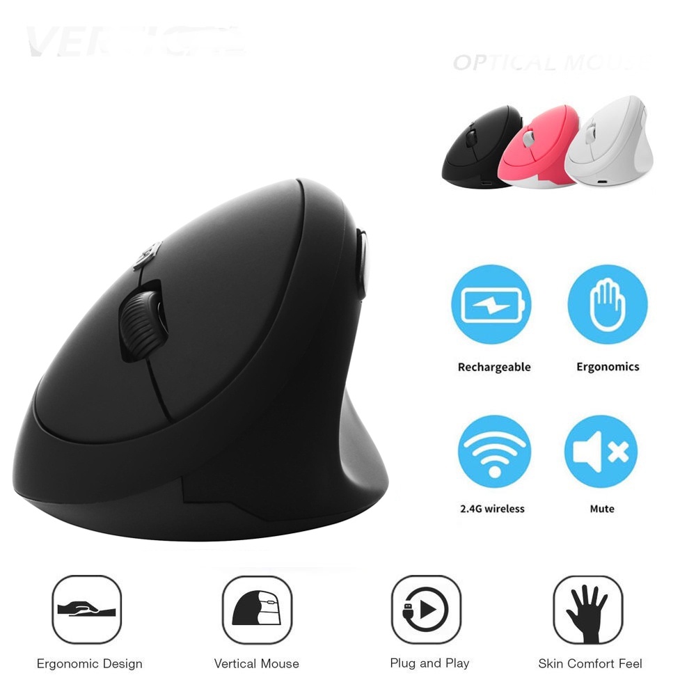 Ergonomic Wireless Vertical Mute Mouse 2.4 GHz USB Receiver Optical Mouse 1600 DPI ชาร์จเมาส์แบบพกพาสําหรับคอมพิวเตอร์แล็ปท็อป