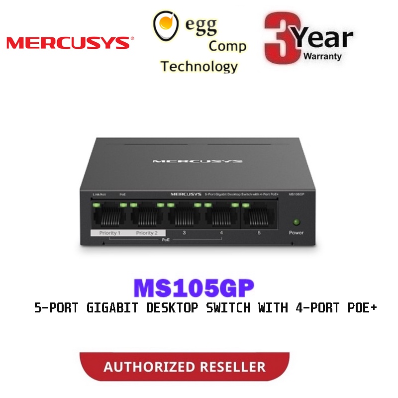 MERCUSYS MS105GP 5-PORT GIGABIT DESKTOP SWITCH พร้อม POE 4-PORT+