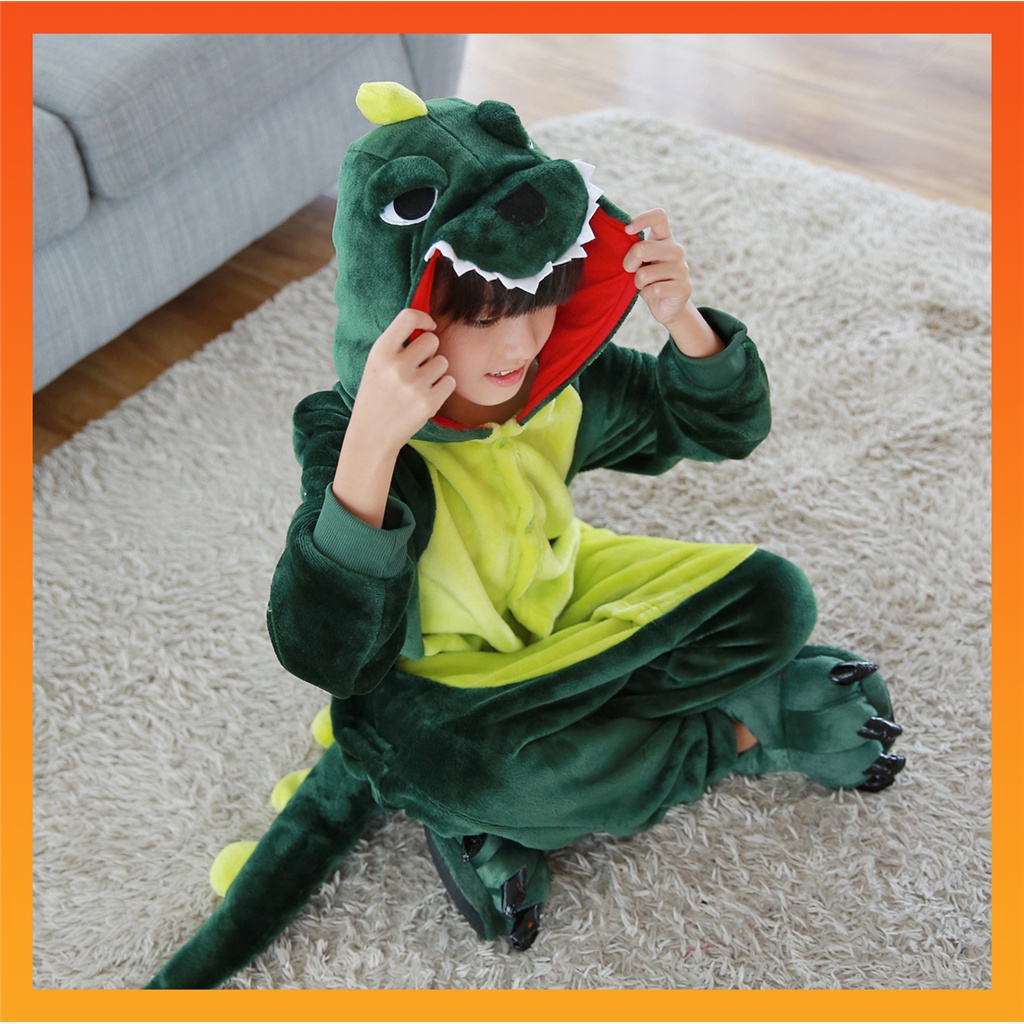 Kigurumi ကလေးအိပ်ဝတ်စုံ (Jumpsuit) စစ်ဖျော့လ်/သစ်ကွမ်းထည် လက်ရာပုံနှိပ် ဒိုင်နိုဆော/ပီကာချူး (Unisex)
