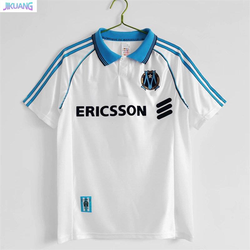 Jikuang2 Retro Collar White Jersey Vintage 1998 1999 Olympique De Marseille เสื้อฟุตบอล Baju Lelaki 