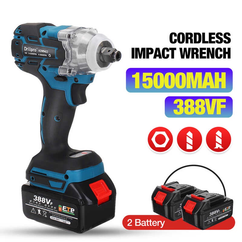 Drillpro388vf ไร้สายไฟฟ้าช็อตประแจ 1/2 นิ้วเครื่องมือไฟฟ้าในครัวเรือน 15000Ah Li
