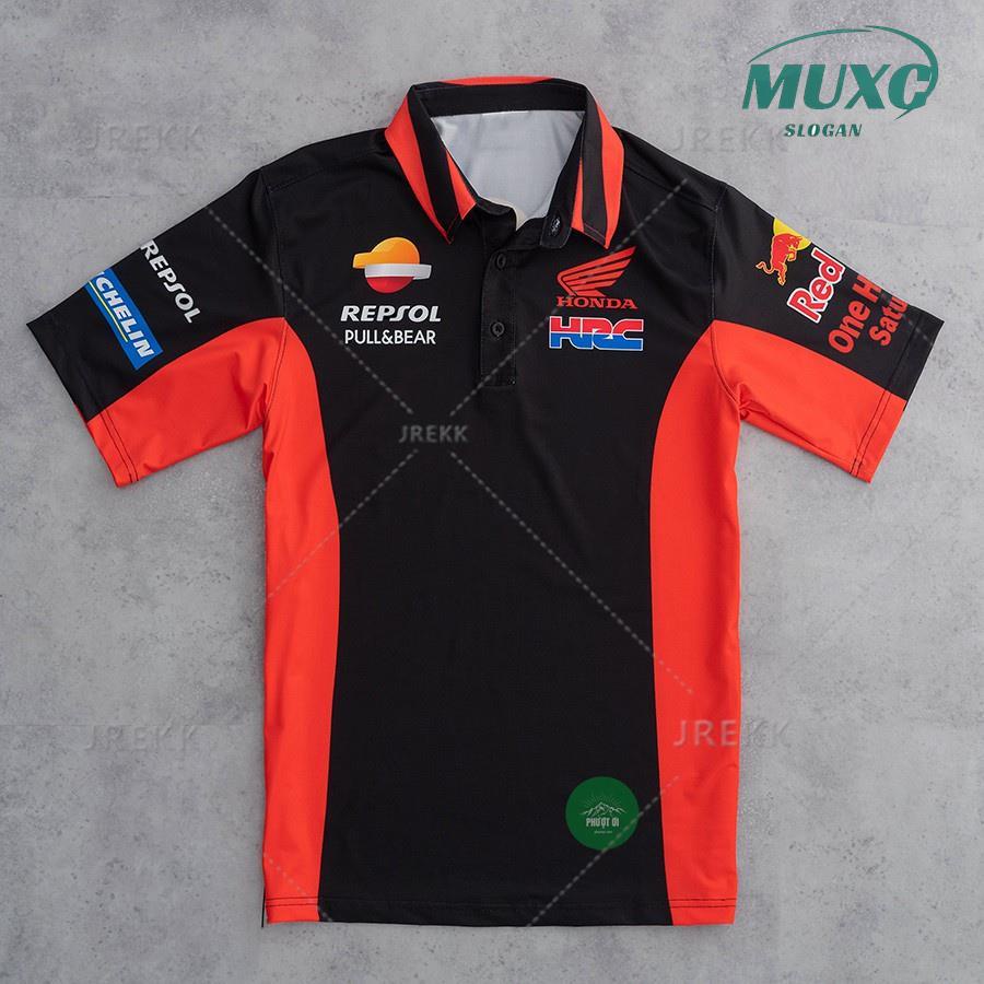【ฟรีชื่อและตัวเลขที่กําหนดเอง】เสื้อยืดคอกลมผู้ชาย คอปก Honda HRC พิมพ์ลาย Heat Transfer สไตล์สปอร์ตพ
