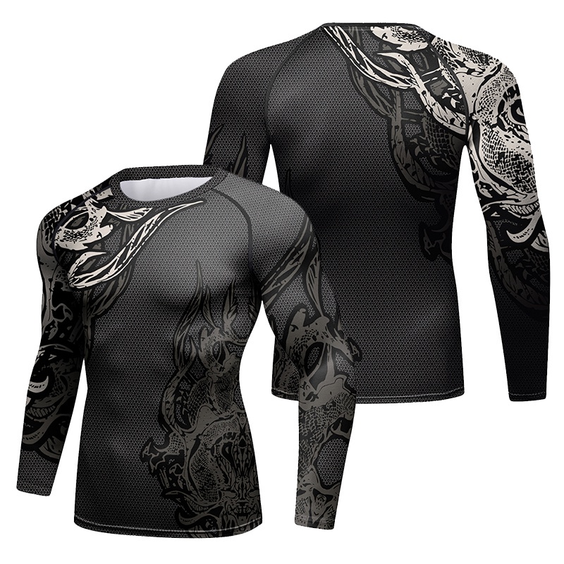 ใหม่ เสื้อยืด แขนยาว พิมพ์ลายมังกร 3 มิติ MMA Grappling BJJ Jiu Jitsu Rashguard สีเทาเข้ม สําหรับผู้ชาย