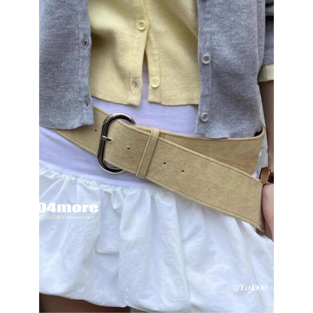 Retro เลียนแบบ Deerskin กํามะหยี่สุภาพสตรีเข็มขัด Girdle กับ Layered กว้างโลหะหัวเข็มขัดสีทึบ Frosted เข็มขัด All-Match