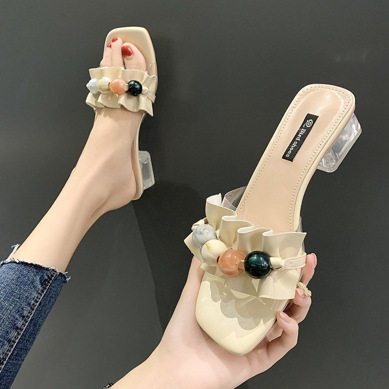พร้อมส่ง 👠 34 สไตล์ฝรั่งเศสเท้าเล็กสวมใส่ด้านนอกจีบลูกปัดคริสตัลใสนิ้วเท้าสีเขียว/เหลือง/ครีมรองเท