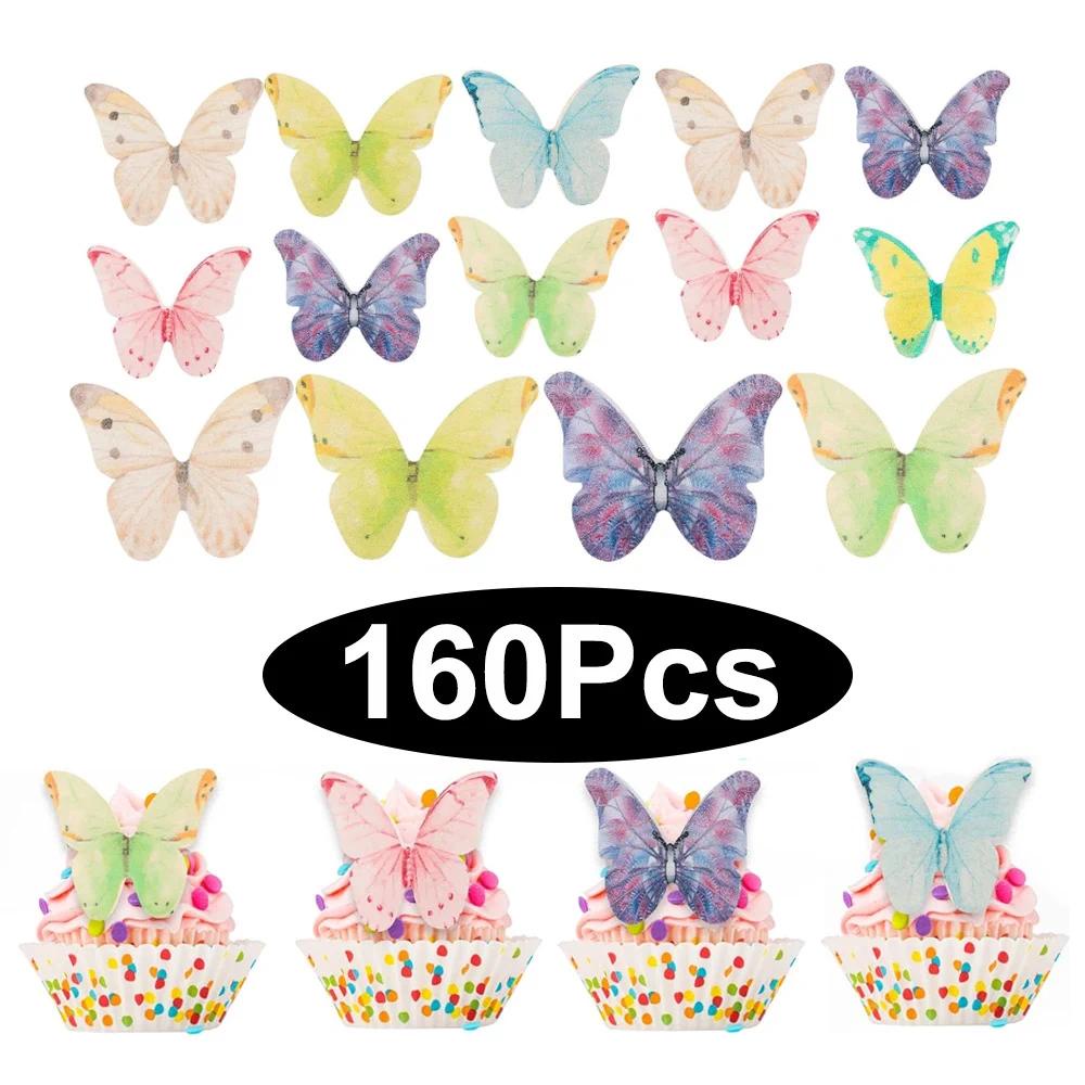160 ชิ้นผีเสื้อ Cupcake Toppers 3D กินได้เวเฟอร์กระดาษ Butterflies เค้ก Toppers สําหรับวันเกิดงานแต่งงานผีเสื้อตกแต่งเค้ก