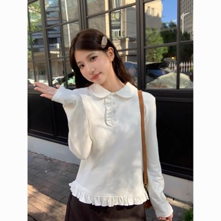 สีขาวออกแบบแขนยาวเสื้อยืดผู้หญิงเย็บขอบเชื้อราด้านใน จุดต่ํา…