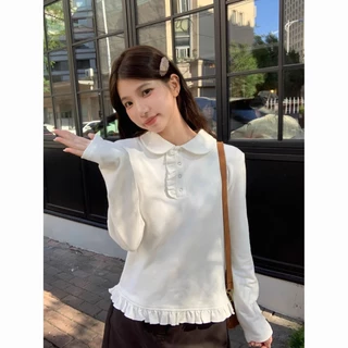 สีขาวออกแบบแขนยาวเสื้อยืดผู้หญิงเย็บขอบเชื้อราด้านใน จุดต่ําสุด เสื้อ
