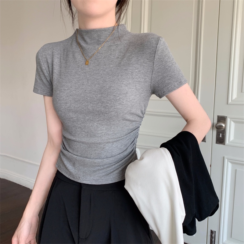 69994 เสื้อถัก คอเต่า แขนสั้น ทรงสกินนี่ สําหรับผู้หญิง