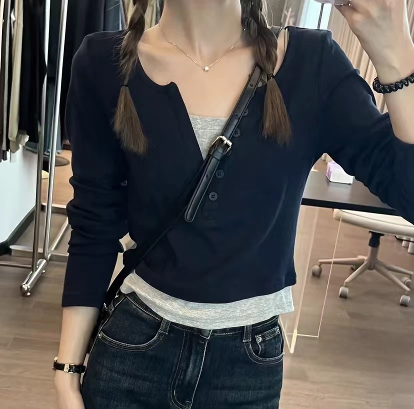 67765 เสื้อยืดแขนยาว สองชิ้น สีตัดกัน สําหรับผู้หญิง